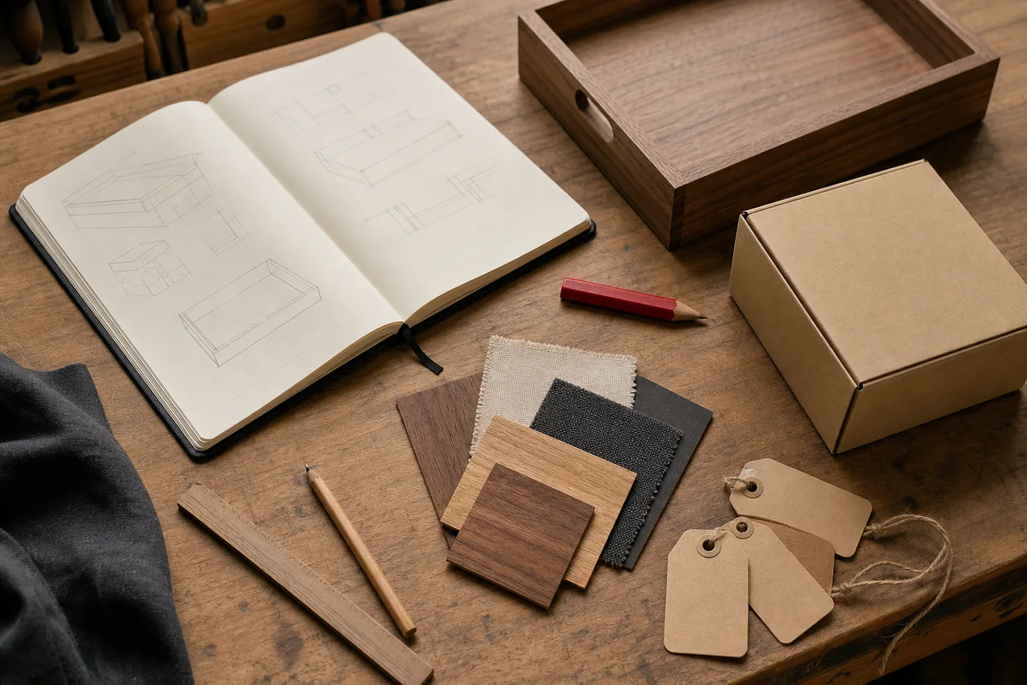 Workbench with planning notebook, ruler, wood samples, unfinished tray and shipping box