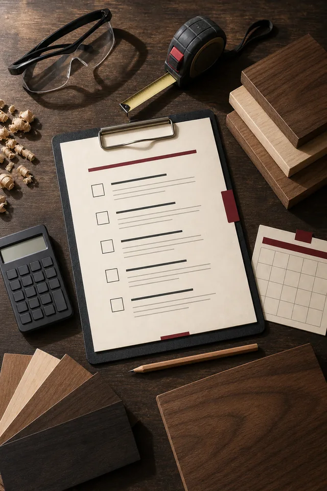 Physical buyer checklist with safety glasses, measuring tape, wood samples and calculator