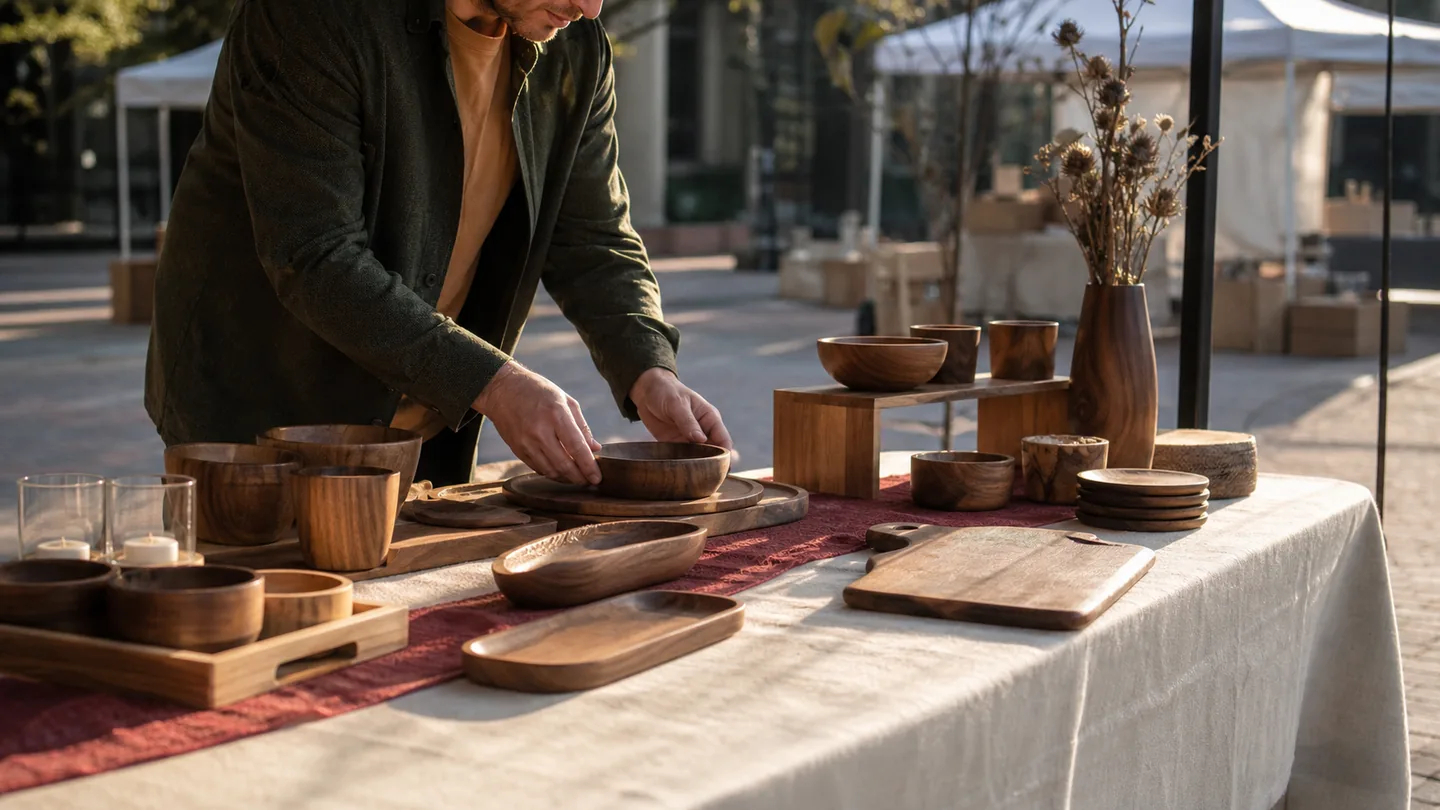 Woodworker arranging unbranded handmade wooden home items at a small craft market table