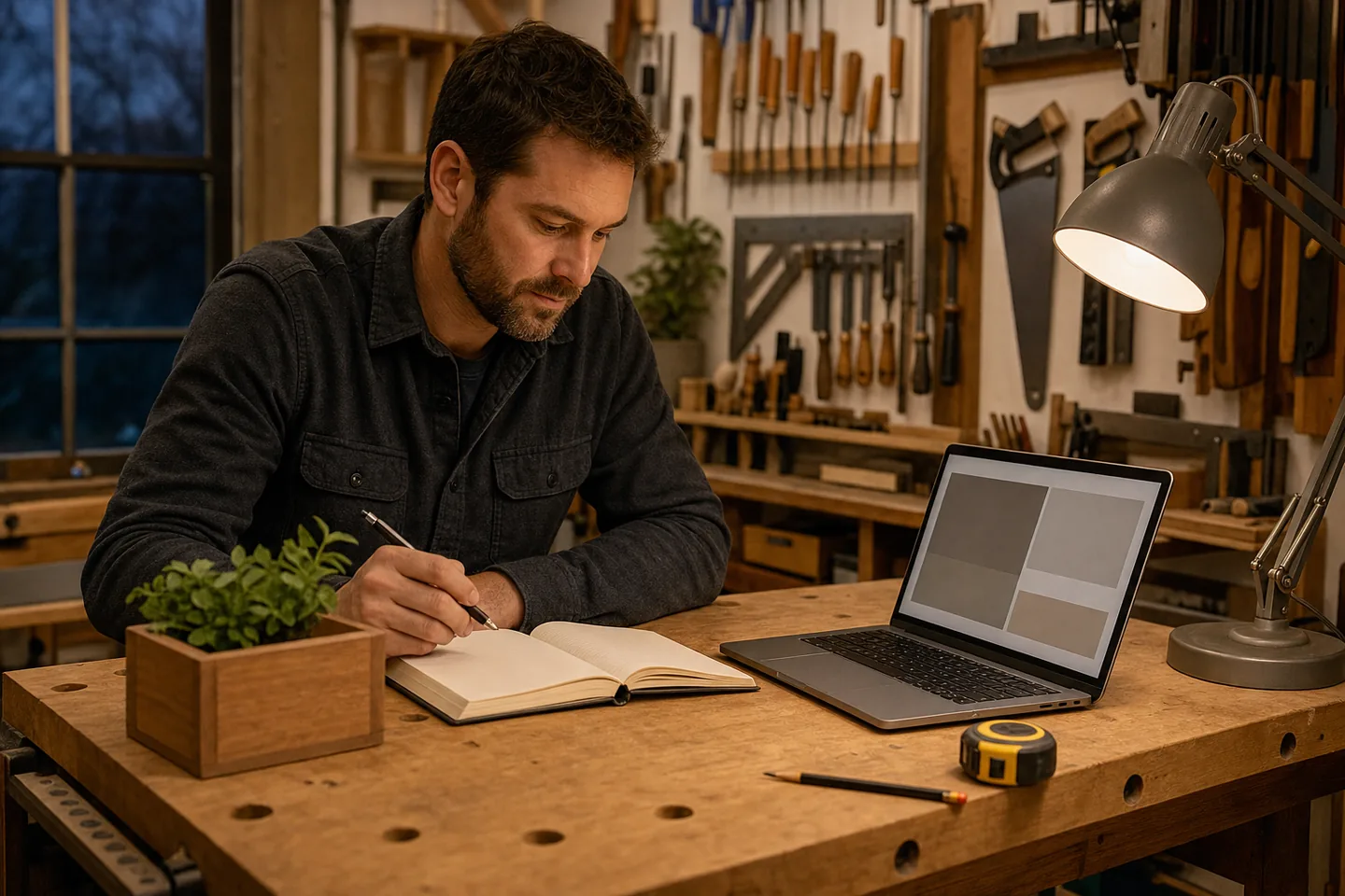 Hobby woodworker planning at a compact garage workbench in the evening